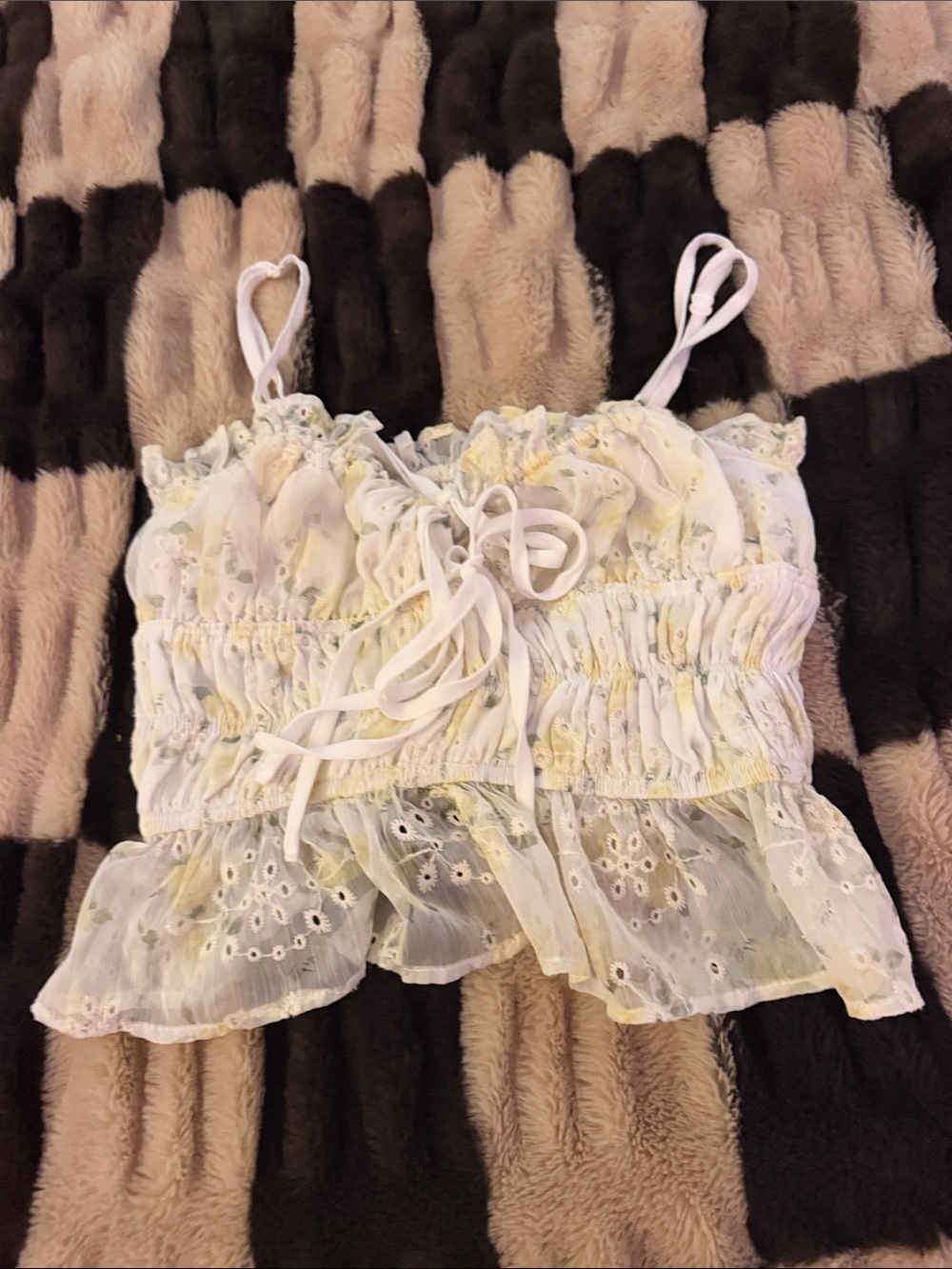 SHEIN Floral Eyelet Tie-Front Crop Top — White with Pale Yellow